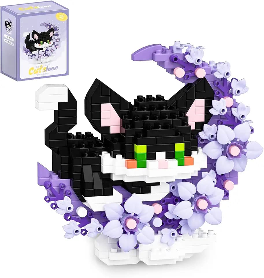 Katze Mikro Klemmbausteine Mit Blumen, Blumen Mini Bausteine Set, Tier Mikro Bausteine Bausatz, Home Office Deko Geschenk Für Erwachsene Und Teenager (Schwarz)
