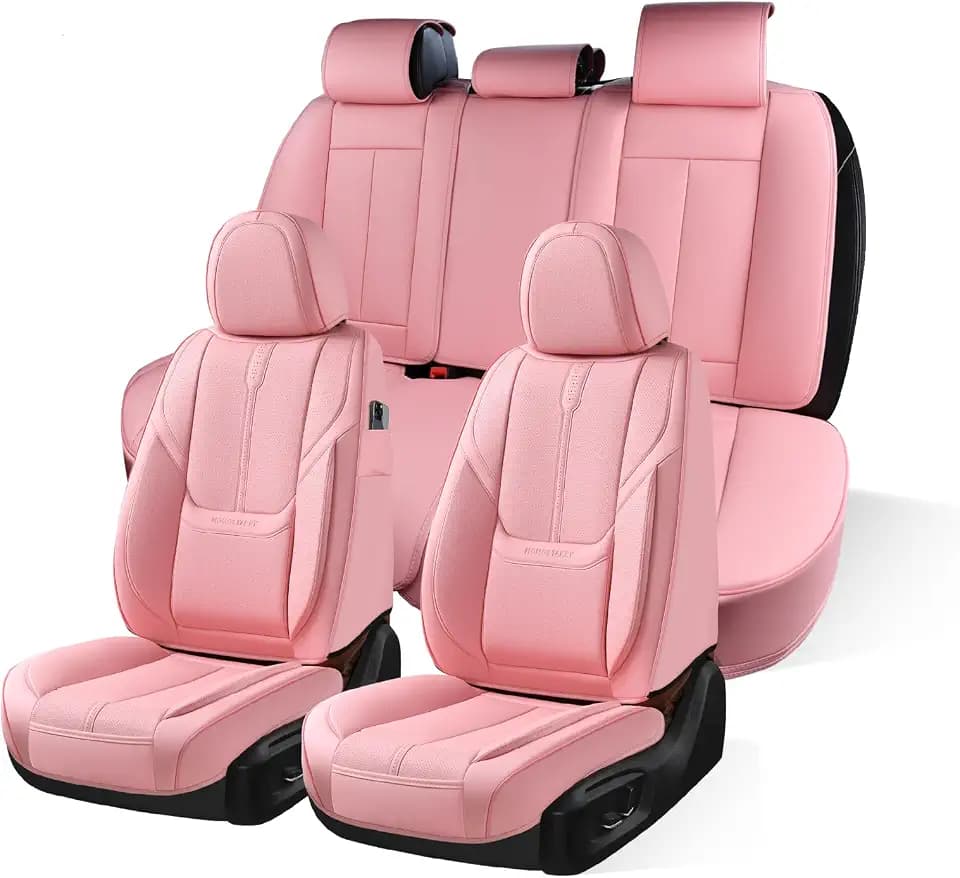 Pink Leather Car Seat Cover Full Set, Anti-Slip Universal
