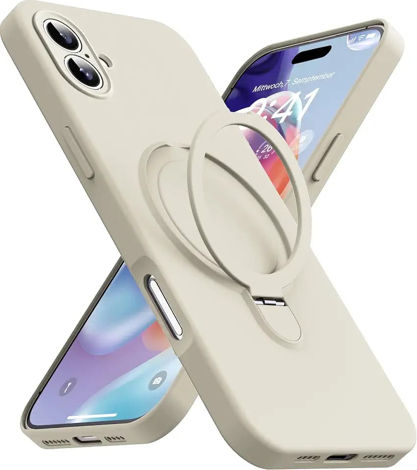 Magnetic Stand for iPhone 17 Case, Liquid Silicone, [Compatible with MagSafe][Built-in Kickstand&Ring Holder] Anti-Scratch Soft Microfiber Lining, Cream