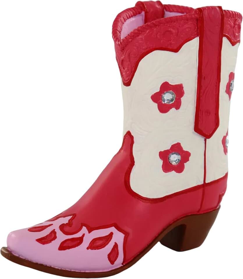 Western Cowboy Boot Resin Figurine – Pink & Cream Flowered Handicraft Personalized Gift Sculpture – Rustic Cowgirl Boot Home Decor Accent – 6.89” Vintage Western Tabletop Ornament