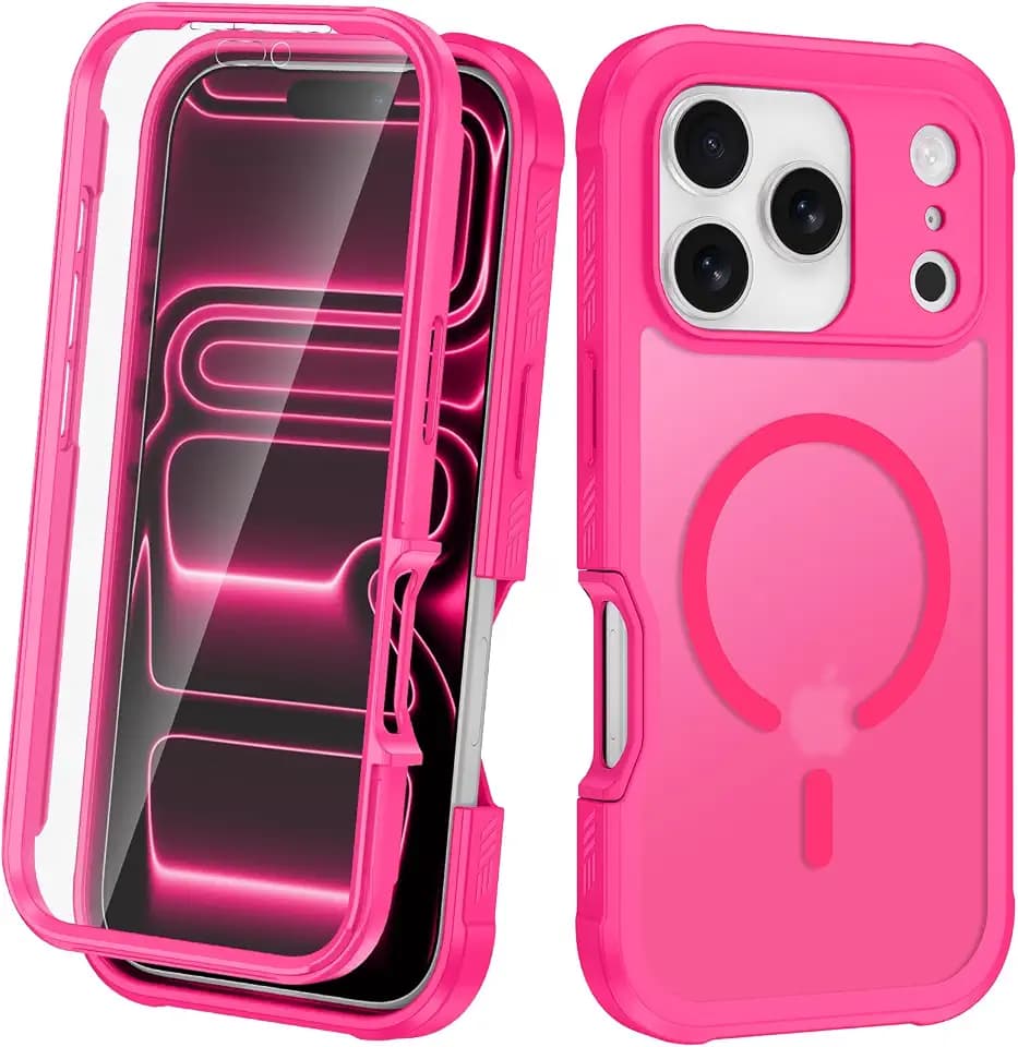 Magnetic for iPhone 17 Pro Case Built in Screen Protector [Compatible with MagSafe] Military-Grade Protection Full Body Shockproof Slim Translucent Matte Women Girls Men, Hot Pink