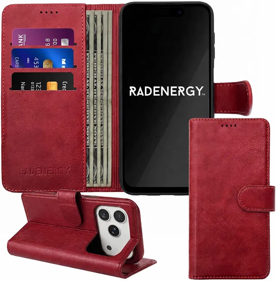iPhone 14 Pro EMF Protection Wallet Case, Red Vegan Leather
