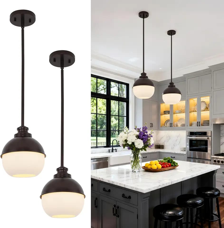 Beionxii Globe Glass Pendant Lights Kitchen Island, Modern Kitchen Pendant Lighting Over Island, Farmhouse Industrial Cage Hanging Lighting with Milk Glass for Sink, Dining Room, BX-PL06ORB-S2