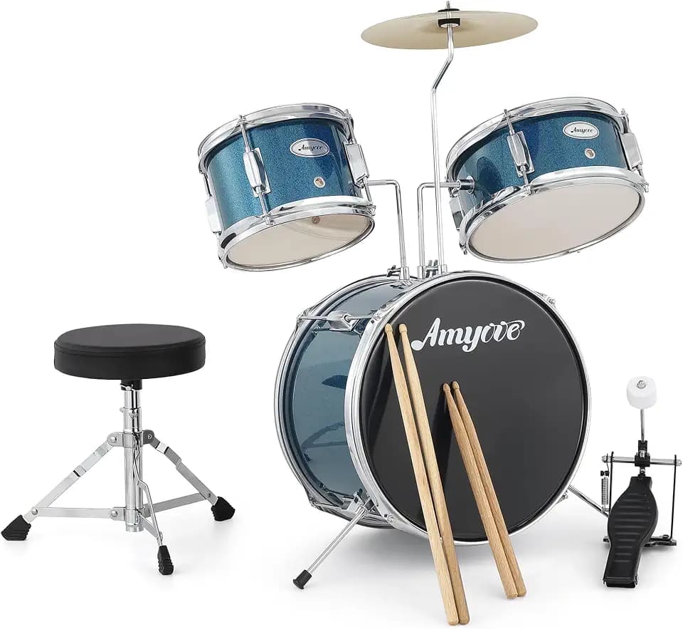 GarveeHome Kids Drum Set, 3 Piece Junior Drum Set with with Cymbal, Tom, Bass Drum, Drumsticks, Bass Pedal and Drum Stool, Beginner Musical Instruments for Kids Boys and Girls, Blue