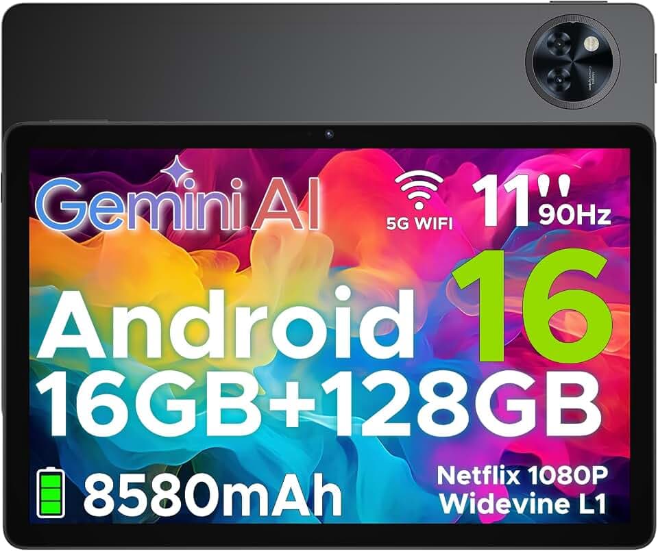 U11 Android 16 Tablet 11 Zoll Gemini AI 16GB RAM +128GB ROM (2TB TF), 8580mAh Gaming Tablet Unisoc T7200 Octa-Core, Widevine L1+13MP+5MP Tablets PC, 2.4G+5G WLAN GMS/3.5mm Audio/OTG/GPS/Face ID