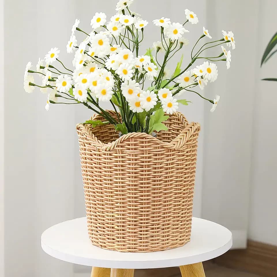 Weysat Scalloped Edge Basket Weave Pattern Planter Resin Plant Pot Holder Storage for Indoor Outdoor Planting Farmhouse Handmade Home Decor