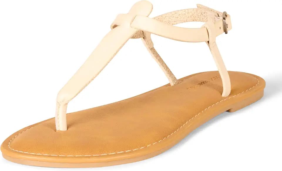 Amazon Essentials Women's Casual Thong Leather Sandal with Ankle Strap, Wide Width Available