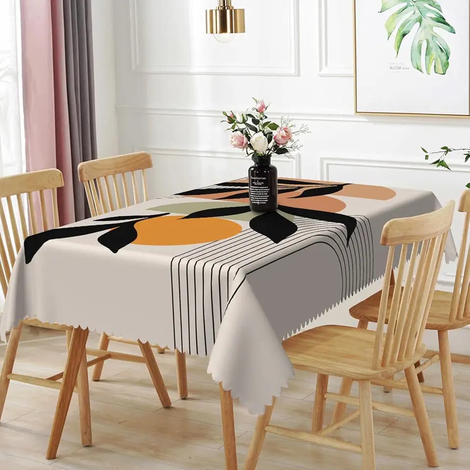 60x84inches Mid Century Boho Tablecloth Abstract Minimalist Arch Leaf Semicircle Sun Contemporary Modern Table Cloth Polyester Fabric Waterproof Table Cover for Kitchen Dining Room Home Decor
