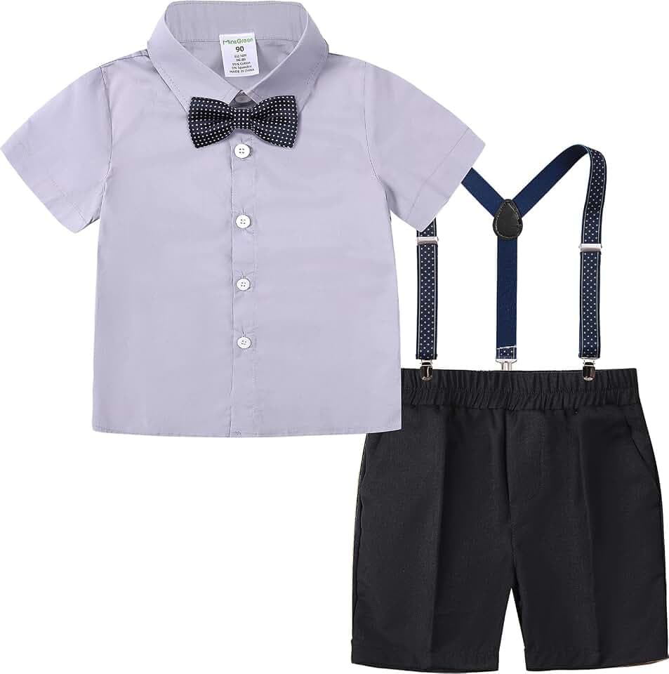 mintgreen Baby Jungen Anzüge, Neugeborenes Hemd Hose Taufe Gentleman Outfit Kurzarm Passen mit Strap, 1–4 Jahre