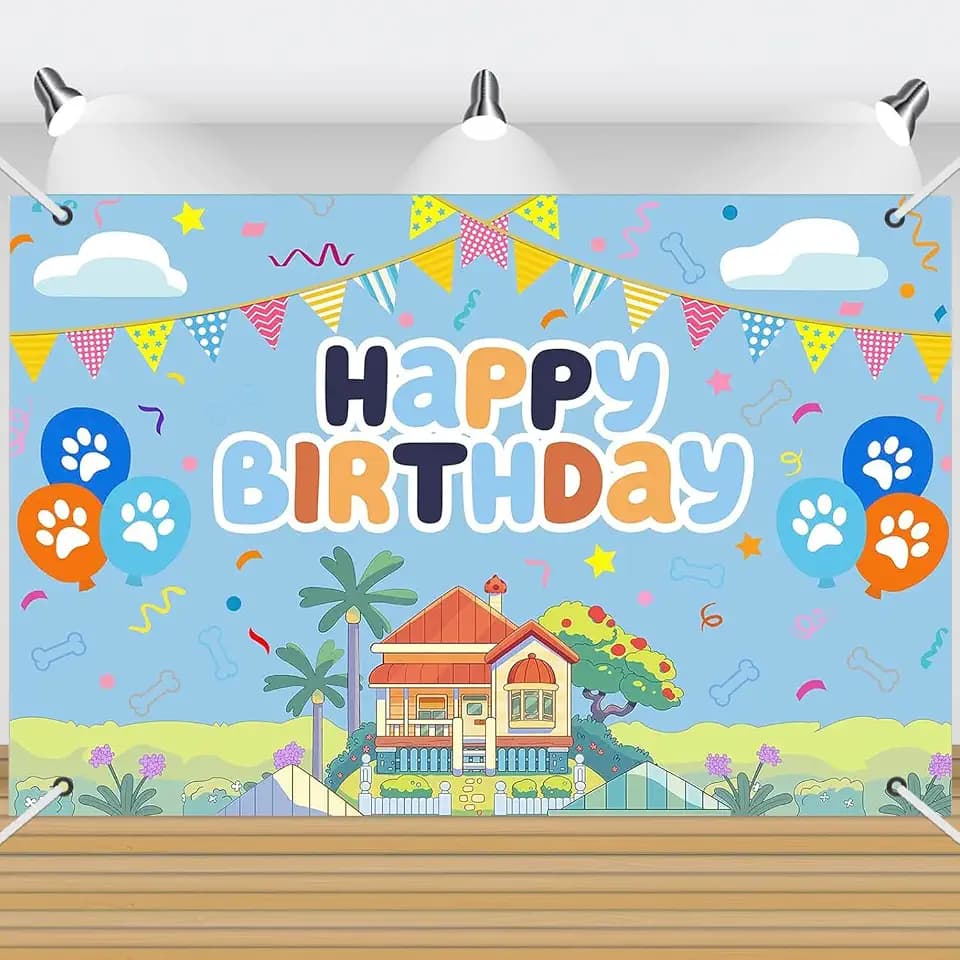 7x5ft Blue Dog Birthday Backdrop with 32ft Ribbon, Birthday Party Decoration Background, Blue Cute Cartoon Theme Photo Banner for Girl, Woman, Kid, Adult