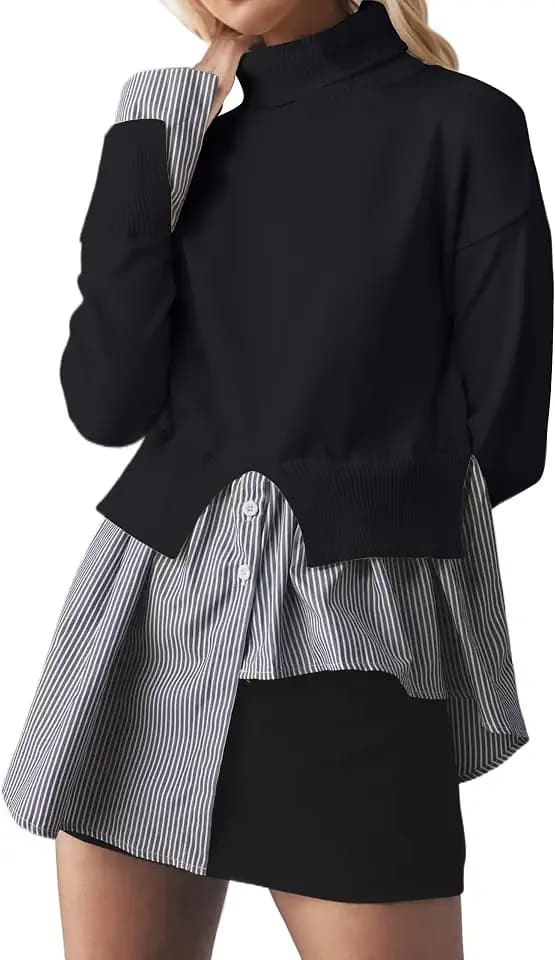 MISSACTIVER Women Slit Turtleneck Patchwork Sweater 2 in 1 Buttons Down Pullover Knit Sweater Asymmetrical Hem Shirt Top