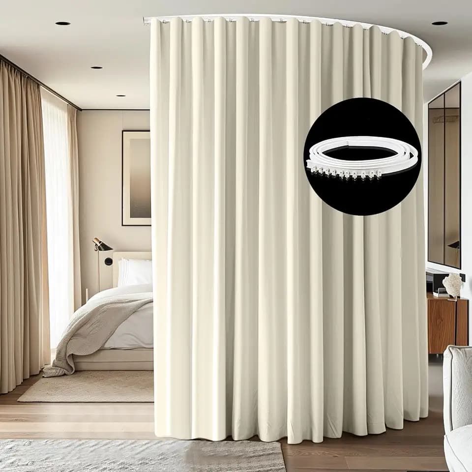 Room Divider Ceiling Mounted Curtains Track Sets Extra Wide Blackout Curtain Flexible Tracks for Bedroom Privacy Partition Separator, 1 Panel Beige Drape and White Rail, W15 x H8ft