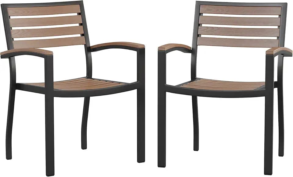 Taylor & Logan Lark Outdoor Stackable Faux Teak Side Chair - Commercial Grade Black Metal Patio Chair with Synthetic Teak Slats - Set of 2