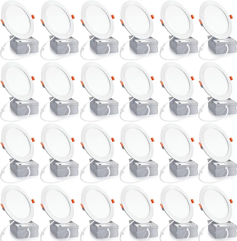 24 Pack 6 Inch Ultra-Thin LED Recessed Ceiling Light with Junction Box, 6000K Daylight celinglight 12W 110W Eqv, can lgihts,LED Downlight, 1050LM High Brightness (6000K-24PACK, 6 Inch)