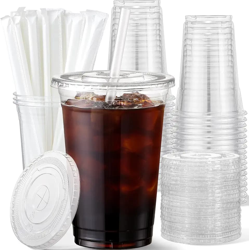 AOZITA 20 oz Plastic Cups with Lids and Straws, 50 Pack, Disposable Iced Coffee Cups with Lids for Cold Drinks, Iced Tea, Milkshakes, Smoothies - Durable & BPA Free
