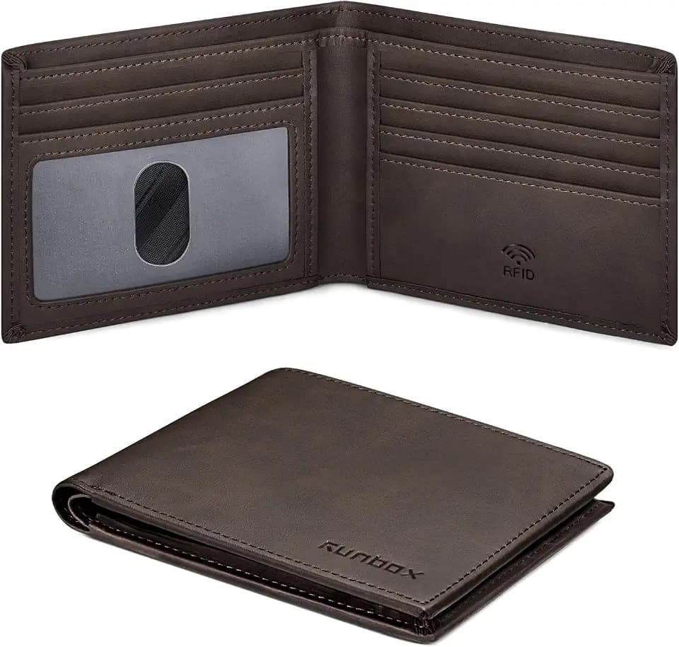 RUNBOX Wallet for Men Slim Leather Bifold RFID Blocking Minimalist Front Pocket Design with Gift Box