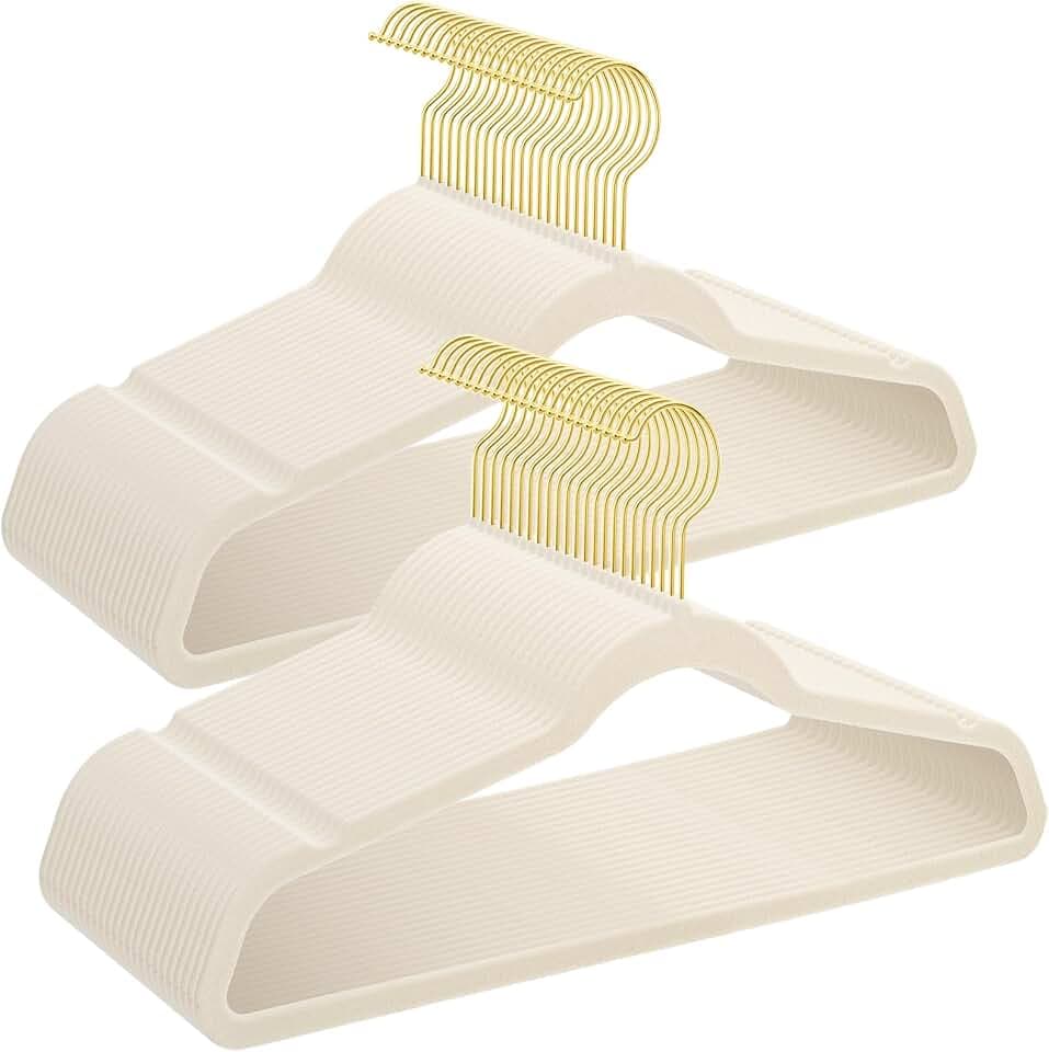 UNEED Ivory Velvet Hangers with Golden Hooks, 36 Pack - Ultra Thin Space Saving, Non-Slip Clothes Hangers for All Clothing, Dorm & Closet Organization (Heavy Duty, Anti-Scratch,360° Protection)