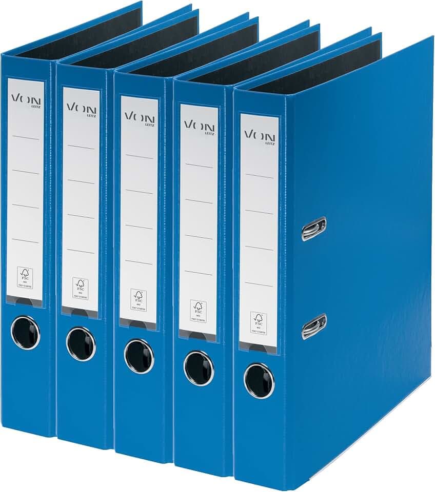 VON Leitz 5er Pack Ordner A4, Karton mit Kunststoffeinband, 50 mm Rückenbreite, Für 350 Blatt, FSC-zertifizierter Karton, Für Schule, Studium & Haushalt, Blau, 10561035