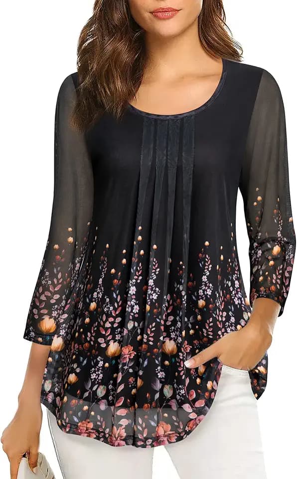 VALOLIA Women's 3/4 Sleeve Tunic Tops Casual Loose Fit Floral Blouses Mesh Pleated Layered Shirt