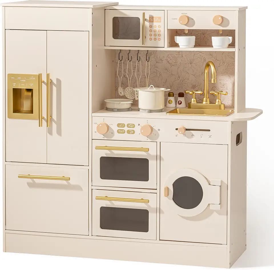 ROBOTIME Wooden Play Kitchen with Refrigerator Dishwasher Age3+ 32in × 20in