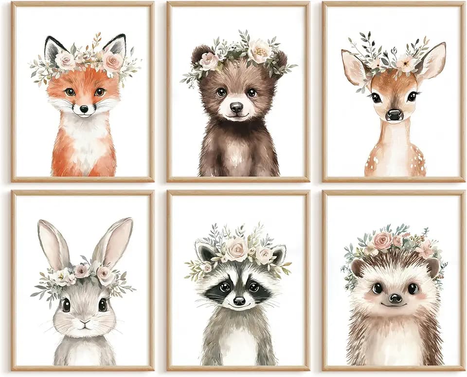 Woodland Animal Nursery Wall Art Decor Baby Girl Room Pictures Floral Crown Animal Canvas Wall Art Decor Safari Bear Fox Poster Floral Nursery Prints Artwork for Kids Bedroom 8x10x6 Inch Unframed