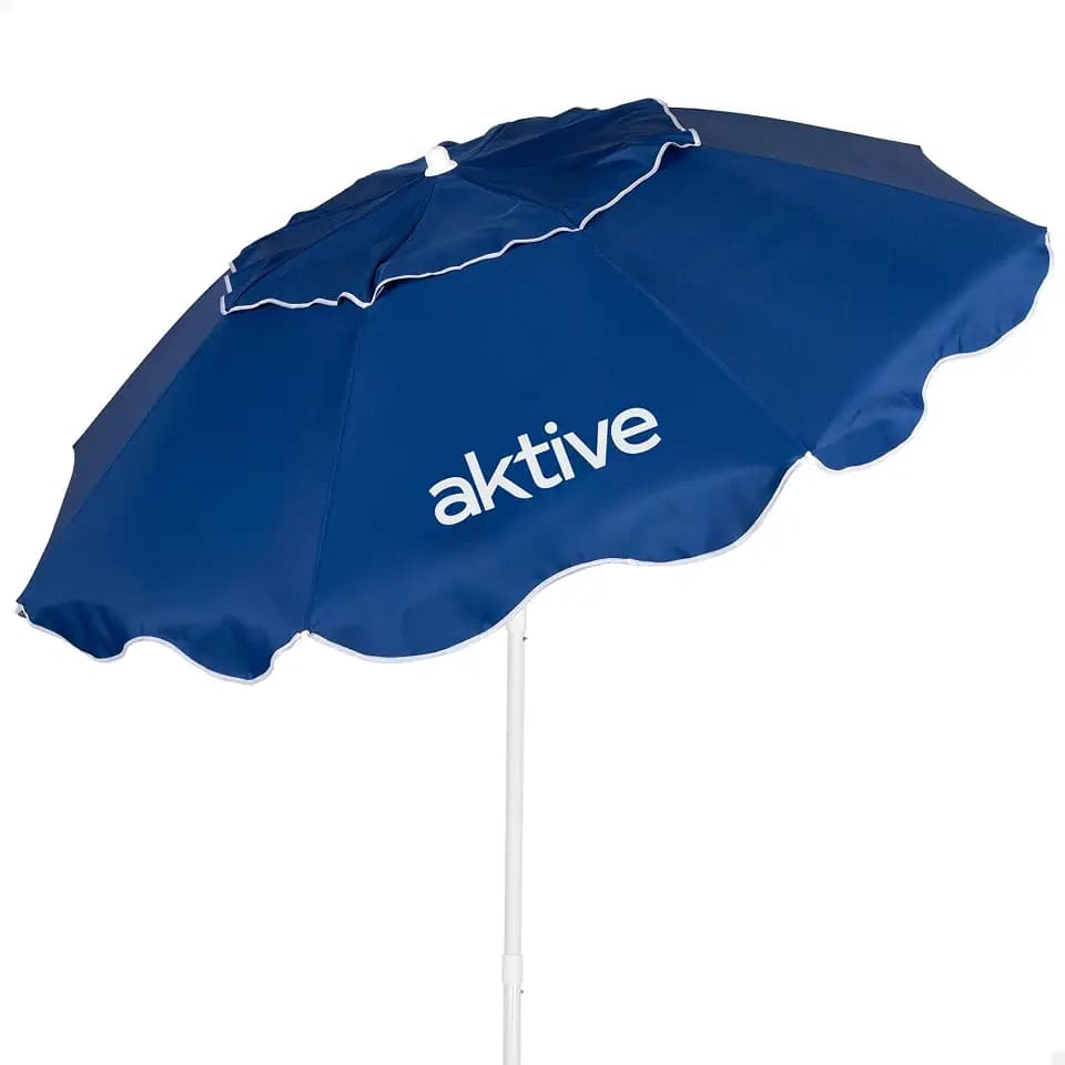 AKTIVE Strandschirm, kompakt zusammenklappbar, Durchmesser 200 cm, Blau, UV-Schutz 50, Polyestergewebe, Mast Stahl 28/32 mm, 8 Rippen, Belüftung oben, Tragetasche mit Schultergriff (62498)