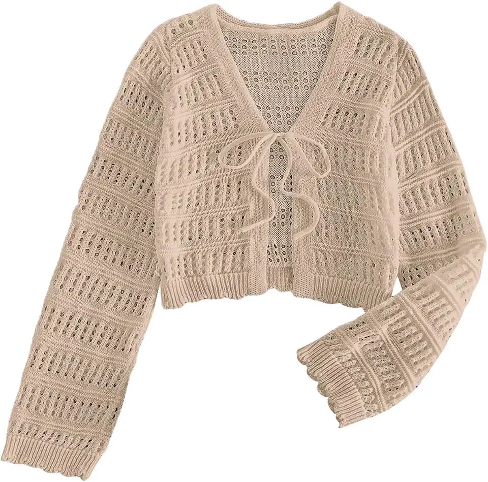 SHENHE Women's Boho Tie Front Crochet Knit Cardigan Crop Tops