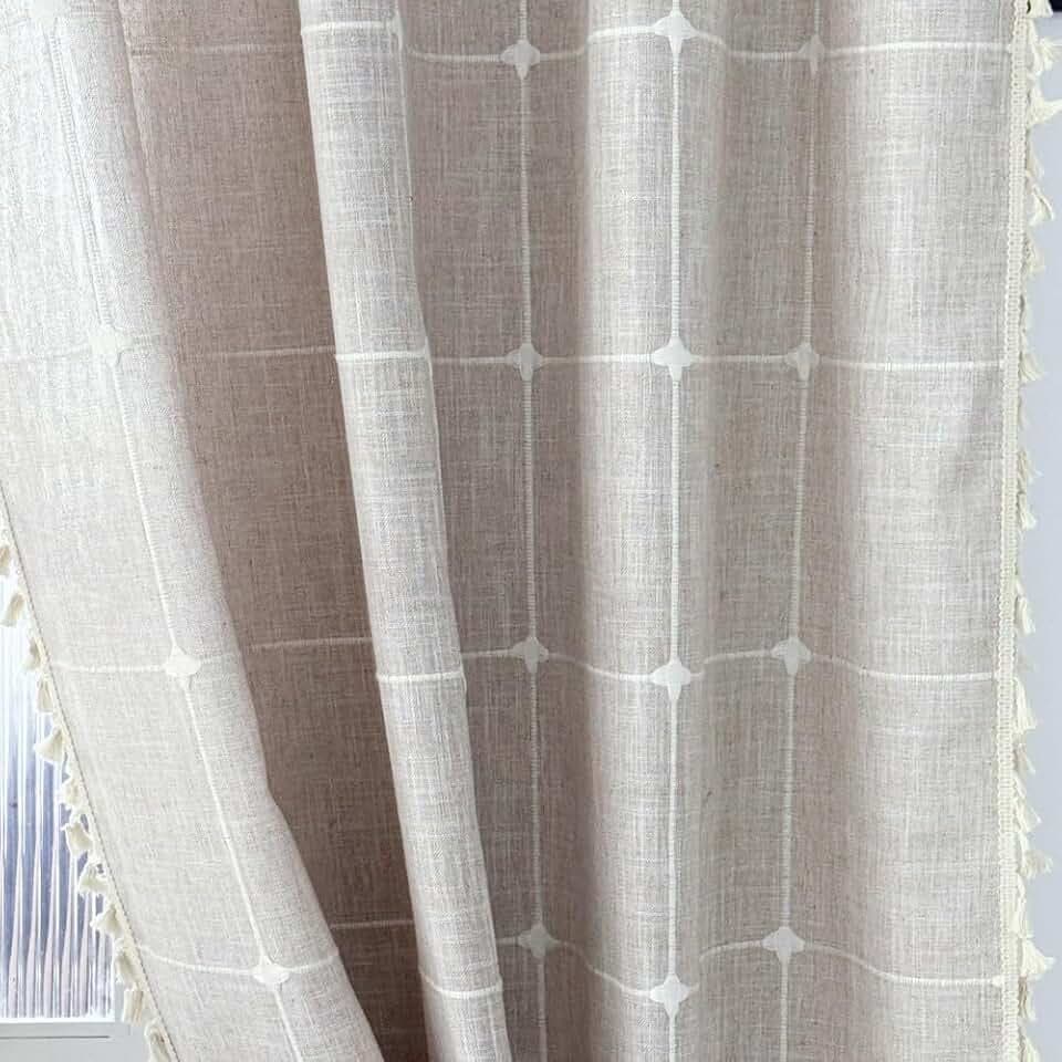 1 Paar Boho-Vorhänge aus Baumwolle und Leinen mit Quaste, Semi-Blackout-Bauernhausvorhänge für Schlafzimmer-Wohnzimmer (Beige, 230 *140 cm)