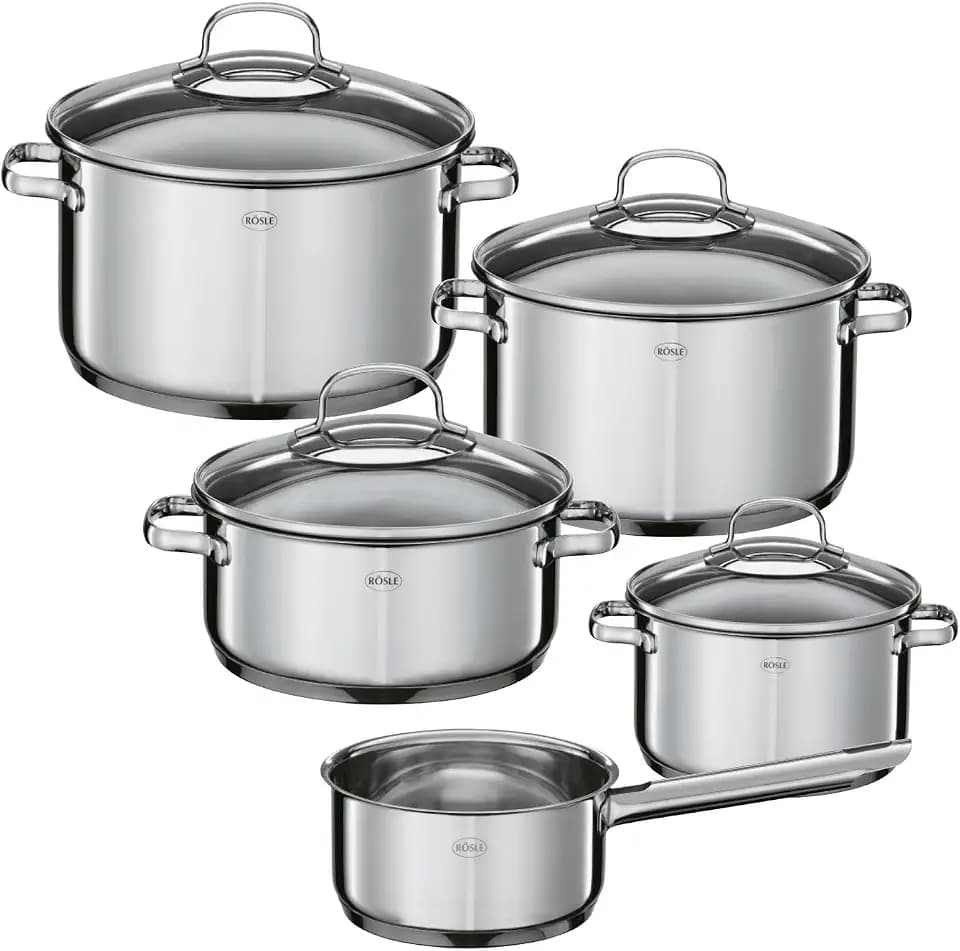 RÖSLE ELEGANCE Topfset, 5-tlg., Edelstahl 18/10, 2-ton-poliert, mit Glasdeckel, Bratentopf, Kochtopf, Stielkasserolle, Innenskalierung, induktionsgeeignet, spülmaschinengeeignet