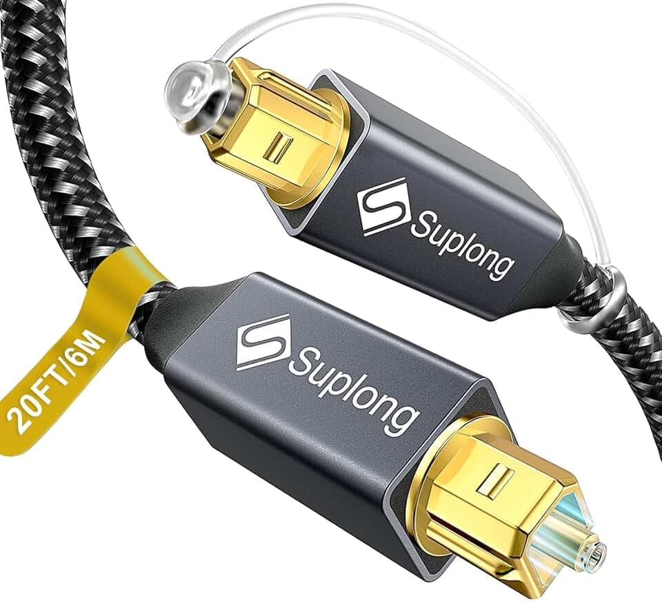 Suplong Optical Audio Cable, 20ft/6M Digital Optical Audio Cable [24K Gold-Plated, Nylon Braided], Optical Cable for Soundbar TV [S/PDIF] LG/Samsung/Sony/Bose/Vizio/Sonos, Xbox, PS4