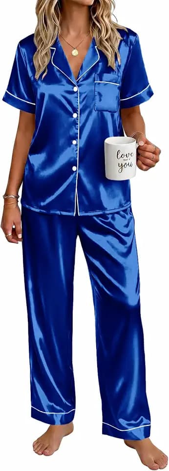 Ekouaer Womens Satin Pajama Set Silky Short Sleeve Button Down Pj Set