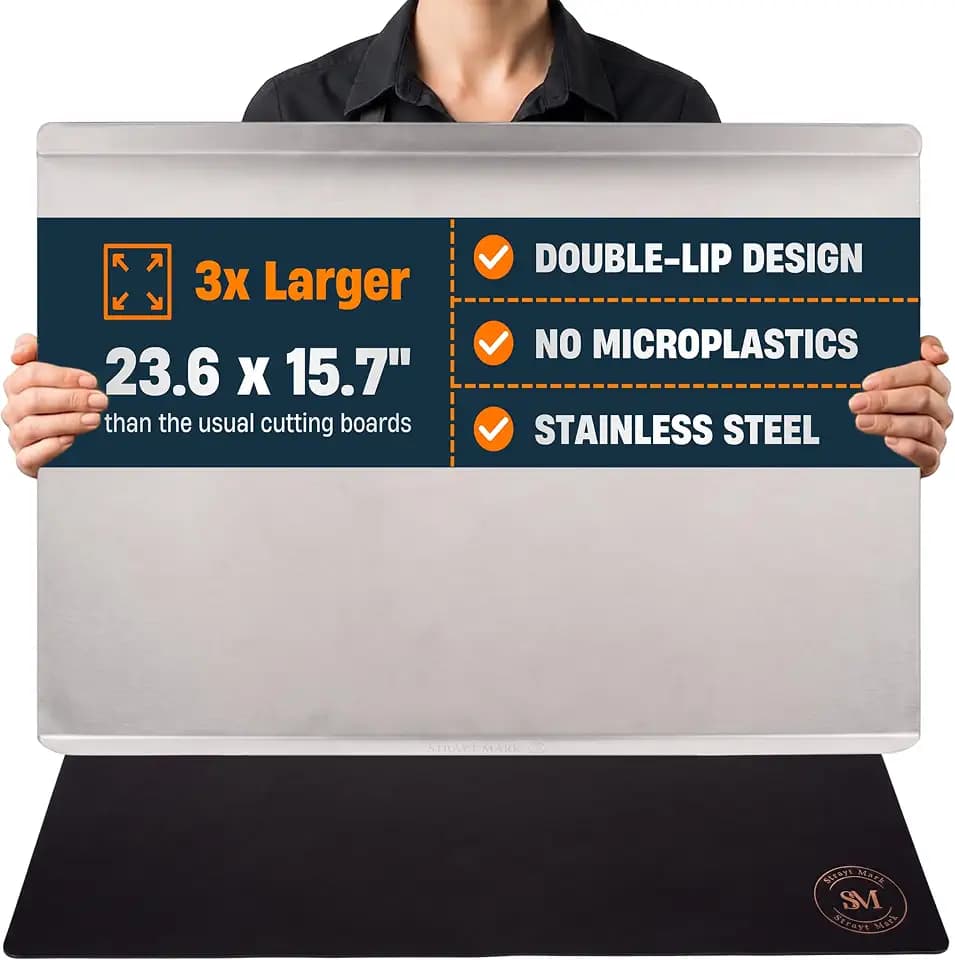 Large Stainless Steel Cutting Board with Lip and Non-Slip Mat