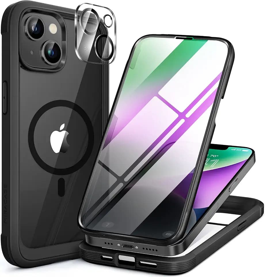 Miracase for iPhone 14 Plus Case, Full-Body Bumper&Glass Case,Black