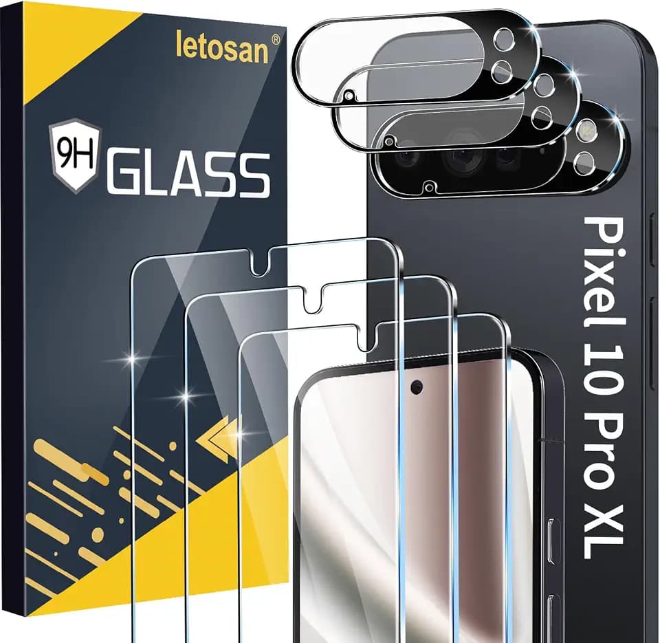letosan 3 Pack for Google Pixel 10 Pro XL Screen Protector Tempered Glass + 3 Pack Camera Lens Protector, Military Grade Shatterproof, 9H Hardness, Fingerprint Unlock,Case Friendly 6.8 Inch