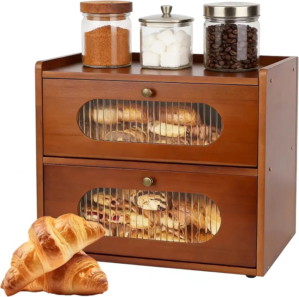Brotkasten Holz für Küchenarbeitsplatte, Aufbewahrungsbox, Küche Brotbehälter, Corner Bread Box, Braun Küchentheken-Organizer für Laib, Kartoffel, Zwiebelgläser (Doppelstufe)