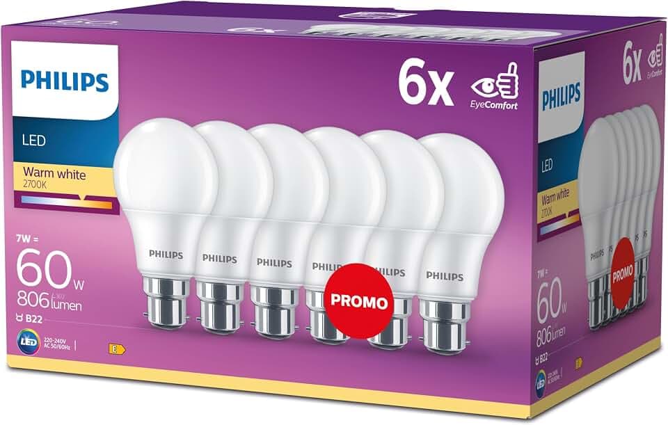 PHILIPS LED 60W A60 B22. mattes Glas, 6er - Pack