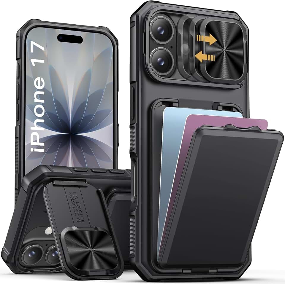 SSLOTSCASE for iPhone 17 Case with Card Holder & Kickstand, Black