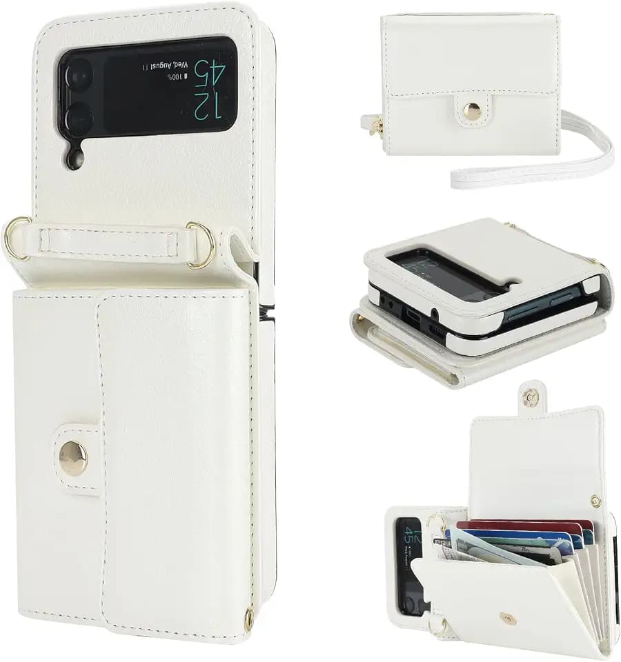 KIHUWEY for Samsung Galaxy Z Flip 4 Wallet Case, Crossbody Purse with Credit Card Slot Holder RFID Blocking PU Leather Adjustable Lanyard Detachable Strap Wrist for Women (White)