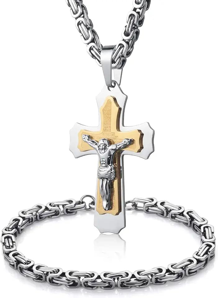 Mens Stainless Steel Silver Gold Jesus Cross Pendant Necklace Chain Bracelet Set Jewelry 45/50/55/60/65/70/75cm