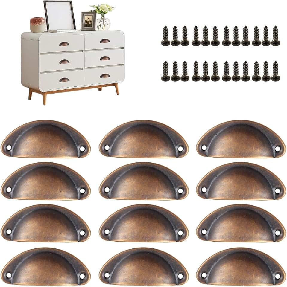 12 Stück Muschelgriff, Schubladengriffe in Halbrunder Muschelform, Schrankgriffe Vintage mit Schrauben, Griffmuschel in Rotbronze, für Schubladen, Schränke und Schuhschränke