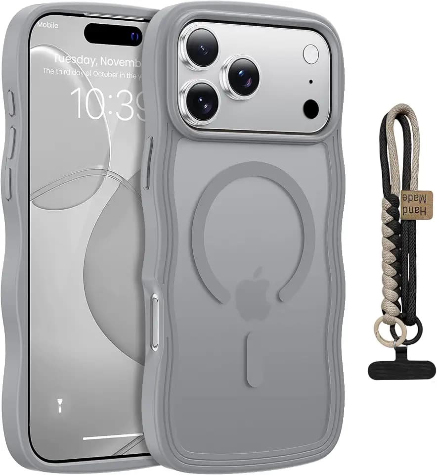 for iPhone 18 Pro/iPhone 17 Pro Case Cute Wavy Gray, Lanyard