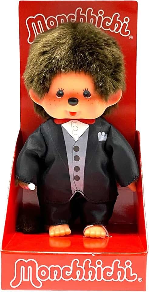 Sekiguchi 244065 - Original Monchhichi Junge, Plüschtier Bräutigam, ca. 20 cm großes Kuscheltier aus braunem Plüsch, Braun