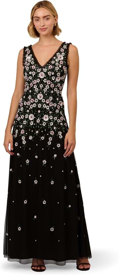 Adrianna Papell Square Neck Short Sleeve Beaded Godet Gown