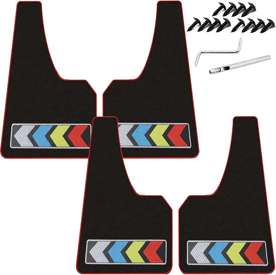 Universal Mud Flaps for Trucks, SUVs, Vans & Off-Road Vehicles - 4PCs Heavy Duty Rubber Mudguards Set with Reflective Arrow Logo (Front & Rear) All Weather, Scratch Resistant, Night Visibility