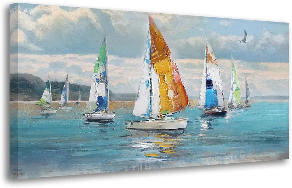 Ardemy Sailboat Wall Art Blue Abstract Canvas Art Nautical Textured Artwork Ocean Picture Wall Decor, Large Coastal Painting for Living Room Bedroom Home Office, 40"x20"
