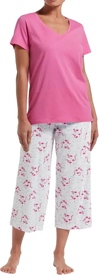 HUE Women's Basic 2 Piece Pajama Set V-neck Tee and Printed Knit Capri Pant Made With Temperature Control Technology