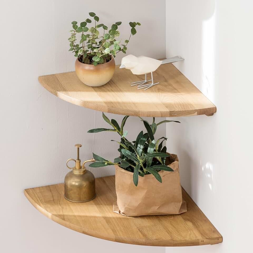 Eckregal Hängeregal, 30cm Eiche Massivholz Eckregal 2er Set runde Enden Wandregal Holz Vintage Landhausstil Regal für Schlafzimmer Wohnzimmer