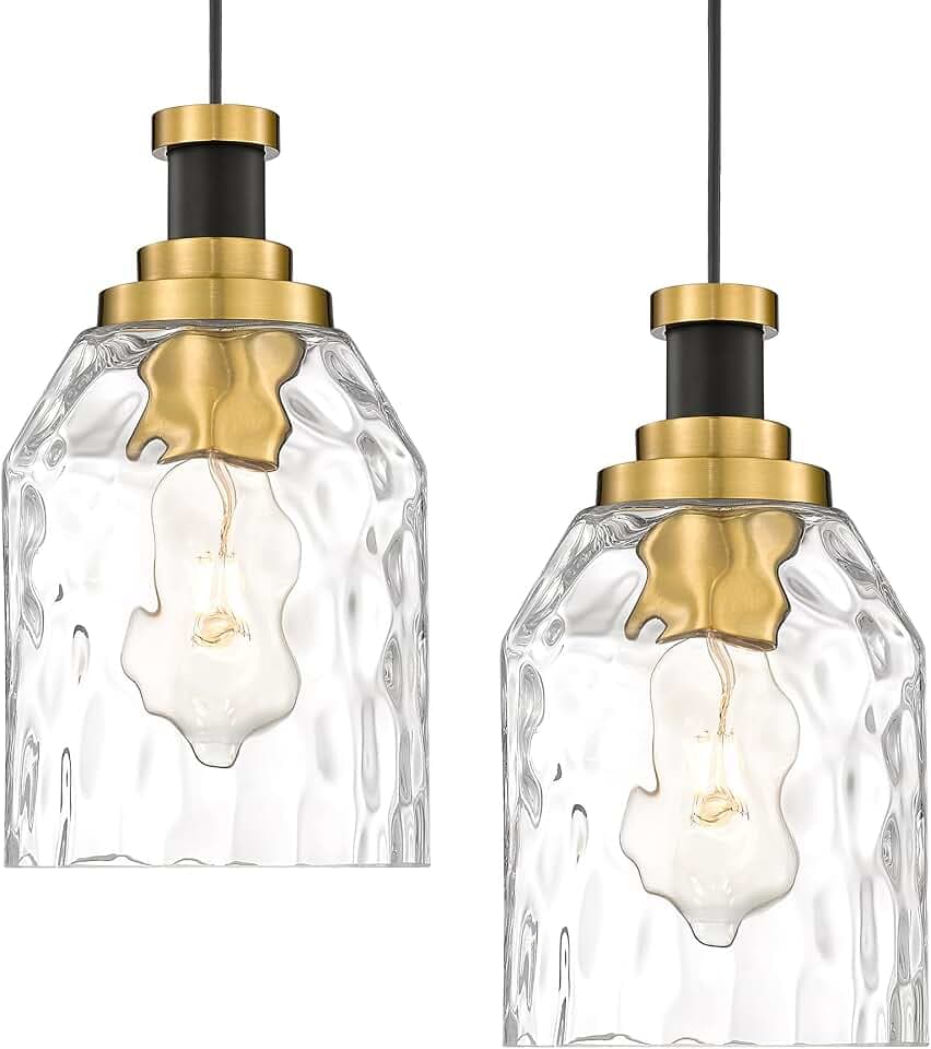 zeyu 2 Pack Modern Kitchen Pendant Lighting Over Island, Hanging Light Fixture for Dining Room, Water Ripple Glass Shade, Black and Gold Finish, ZG33M1L-2L BK+BG-WG