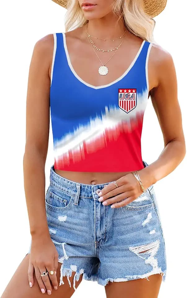 Maisolly Soccer 2026 Women's Sleeveless Y2K Slim Fit Crop Tank Top Shirt American Flag Patriotic Red White Blue USA A2 XS