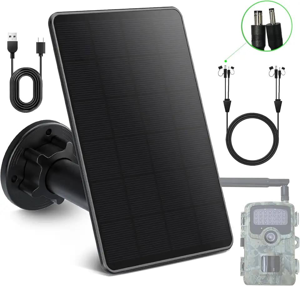 Trail Camera Solar Panel, Mini Solar Battery Charger DC 12V/1A 6V/1.5A & USB-C Build-in 5000mAh Rechargeable Lithium Battery, IP66 Waterproof Hunting Accessory, 10ft Cable, 6.7" Lx4.6 Wx1.25 H